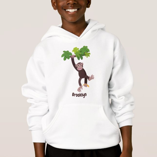 Cute chimpanzee in jungle hanging cartoon hoodie (Front)