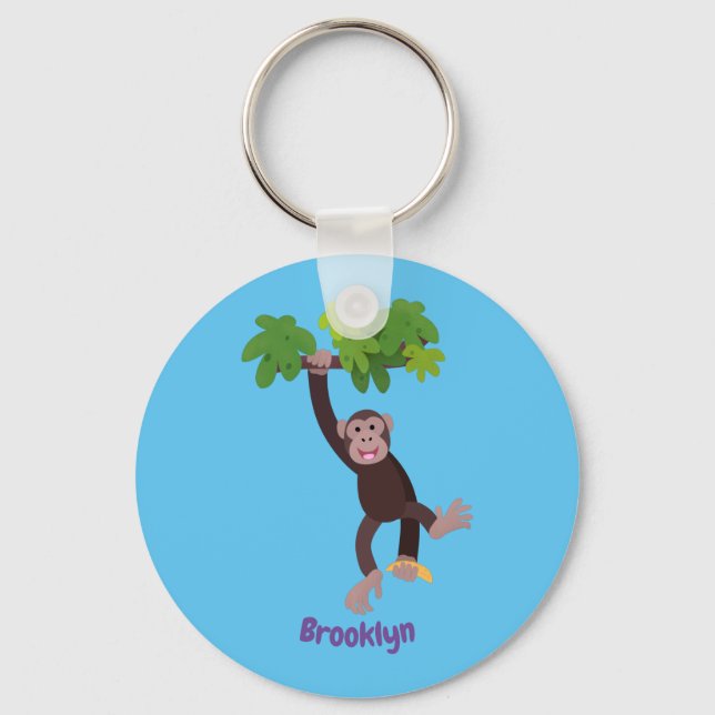 Cute chimpanzee in jungle hanging cartoon keychain (Front)