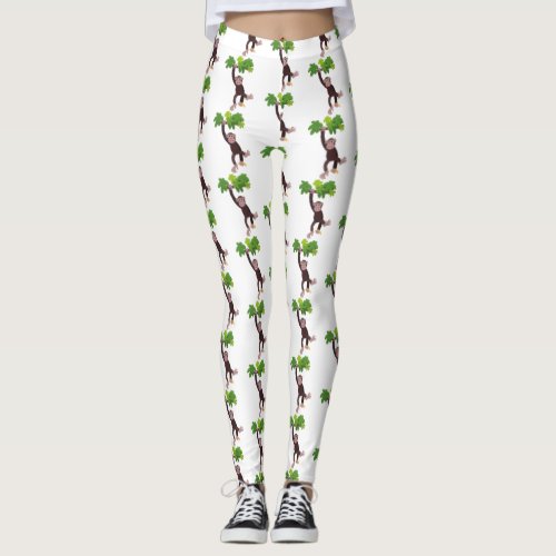 Cute chimpanzee in jungle hanging cartoon leggings