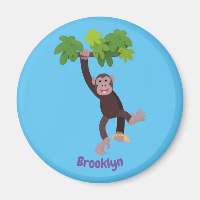Cute chimpanzee in jungle hanging cartoon magnet (Front)