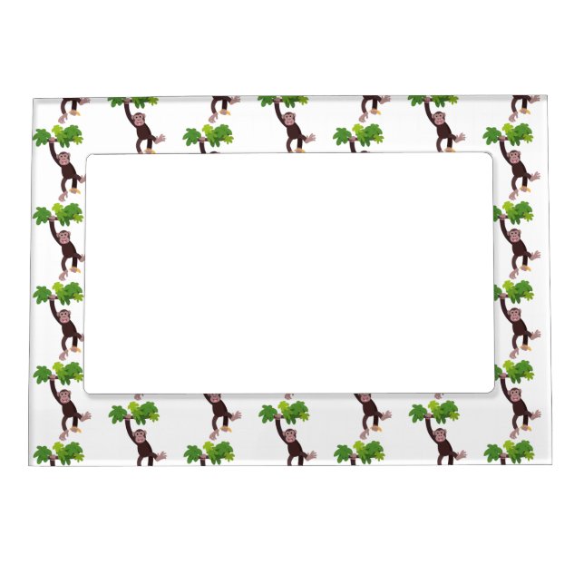 Cute chimpanzee in jungle hanging cartoon magnetic frame (Front)