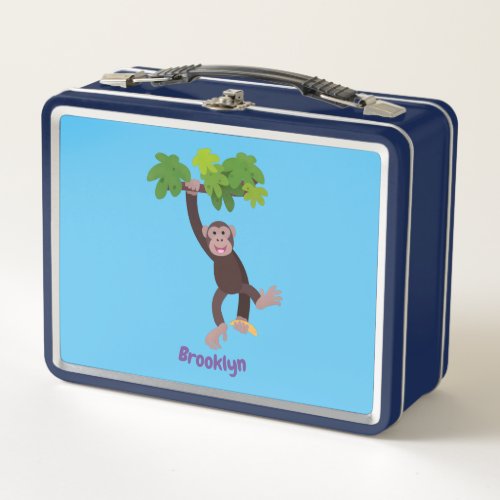 Cute chimpanzee in jungle hanging cartoon metal lunch box