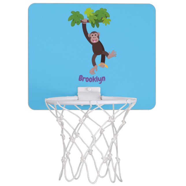 Cute chimpanzee in jungle hanging cartoon mini basketball hoop (Front)