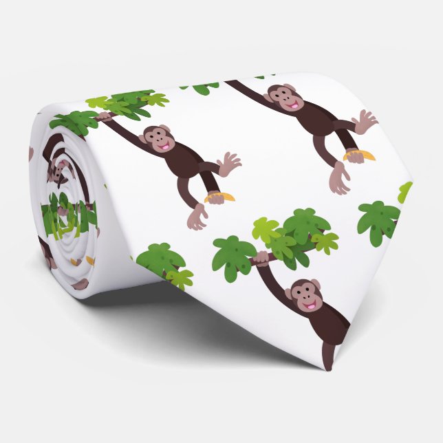 Cute chimpanzee in jungle hanging cartoon neck tie (Rolled)
