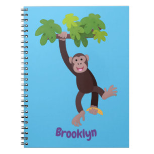 Cute chimpanzee in jungle hanging cartoon notebook