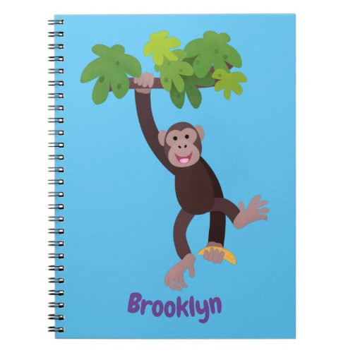 Cute chimpanzee in jungle hanging cartoon notebook