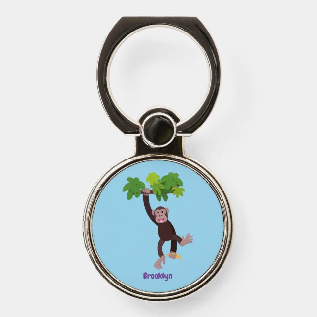 Cute chimpanzee in jungle hanging cartoon phone ring stand (Front)