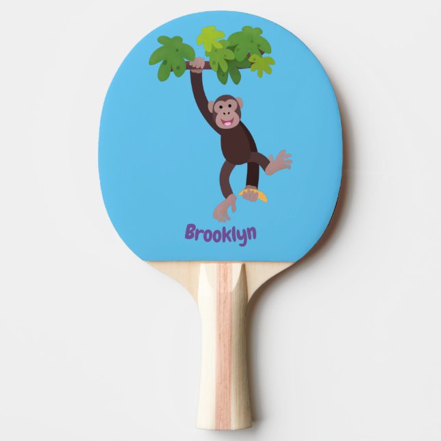 Cute chimpanzee in jungle hanging cartoon ping pong paddle (Front)