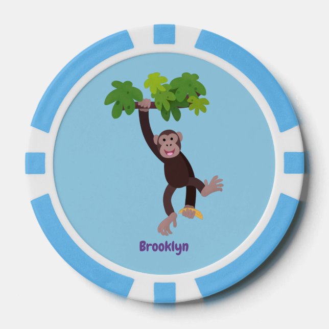 Cute chimpanzee in jungle hanging cartoon poker chips (Front)
