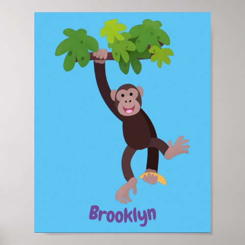 Cute chimpanzee in jungle hanging cartoon poster