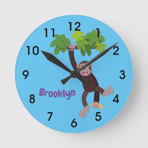 Cute chimpanzee in jungle hanging cartoon round cl round clock