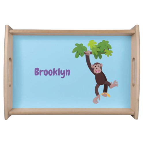 Cute chimpanzee in jungle hanging cartoon serving tray