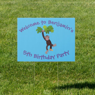 Cute chimpanzee in jungle hanging cartoon sign