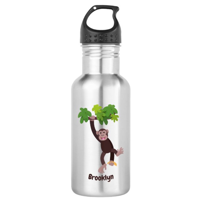 Cute chimpanzee in jungle hanging cartoon stainless steel water bottle (Front)