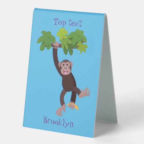 Cute chimpanzee in jungle hanging cartoon table tent sign