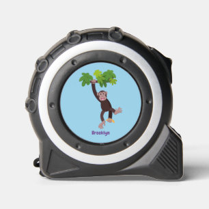 Cute chimpanzee in jungle hanging cartoon tape measure