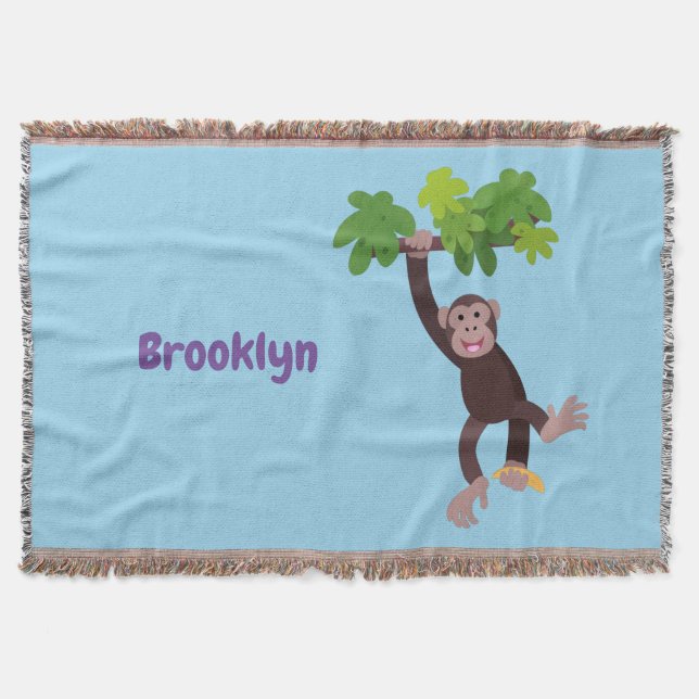 Cute chimpanzee in jungle hanging cartoon throw blanket (Front)