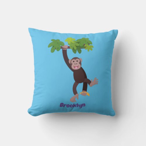 Cute chimpanzee in jungle hanging cartoon throw pillow