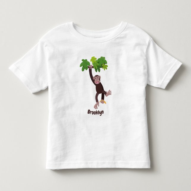 Cute chimpanzee in jungle hanging cartoon toddler t-shirt (Front)