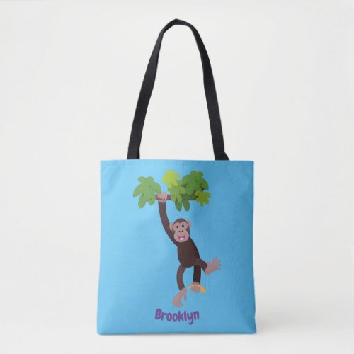 Cute chimpanzee in jungle hanging cartoon tote bag