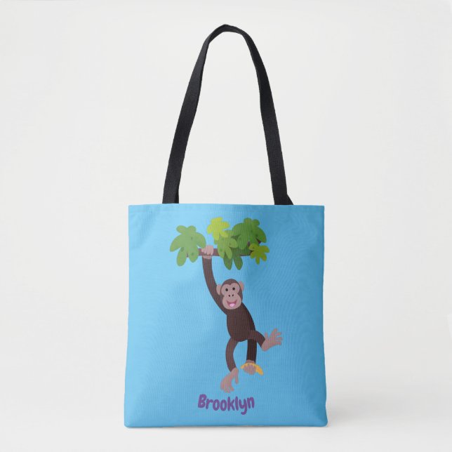 Cute chimpanzee in jungle hanging cartoon tote bag (Front)