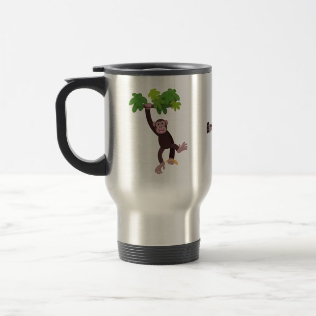 Cute chimpanzee in jungle hanging cartoon travel mug (Left)