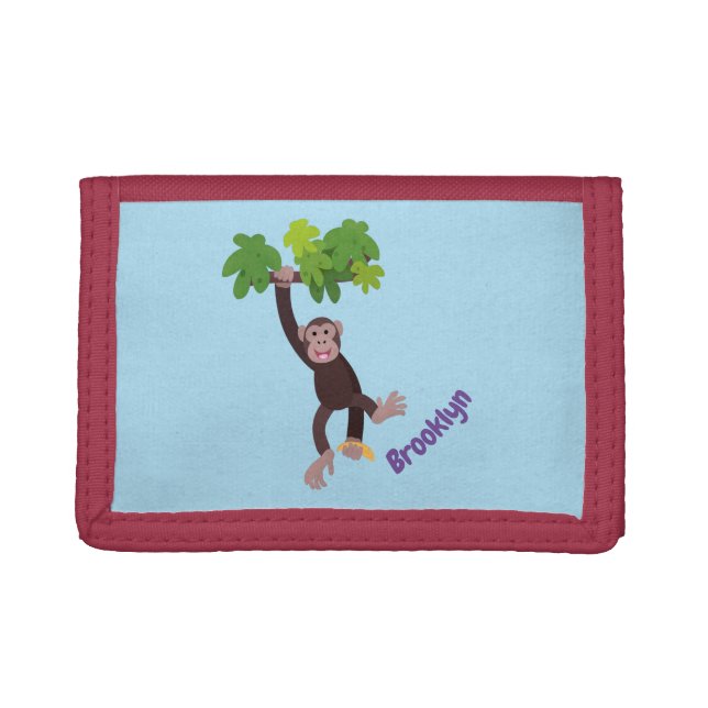 Cute chimpanzee in jungle hanging cartoon trifold wallet (Front)