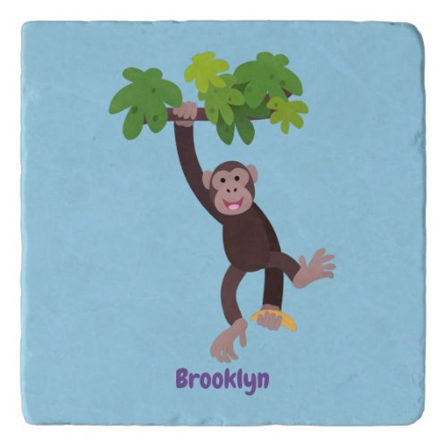 Cute chimpanzee in jungle hanging cartoon trivet