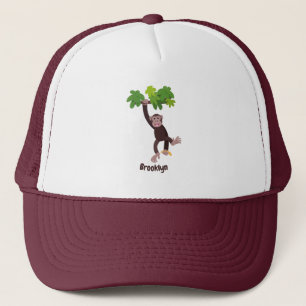 Cute chimpanzee in jungle hanging cartoon trucker hat