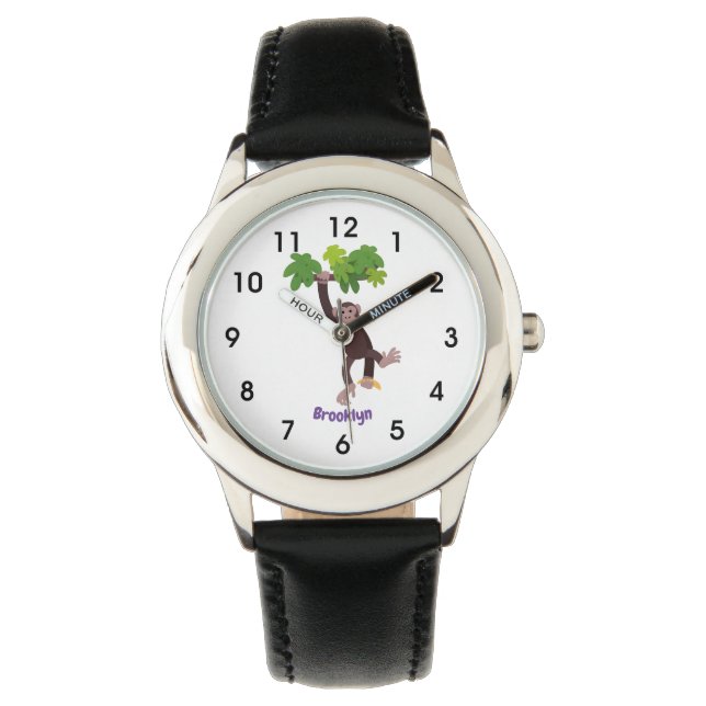 Cute chimpanzee in jungle hanging cartoon watch (Front)