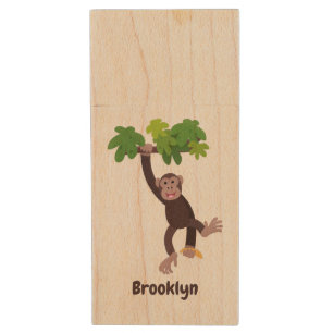 Cute chimpanzee in jungle hanging cartoon wood flash drive