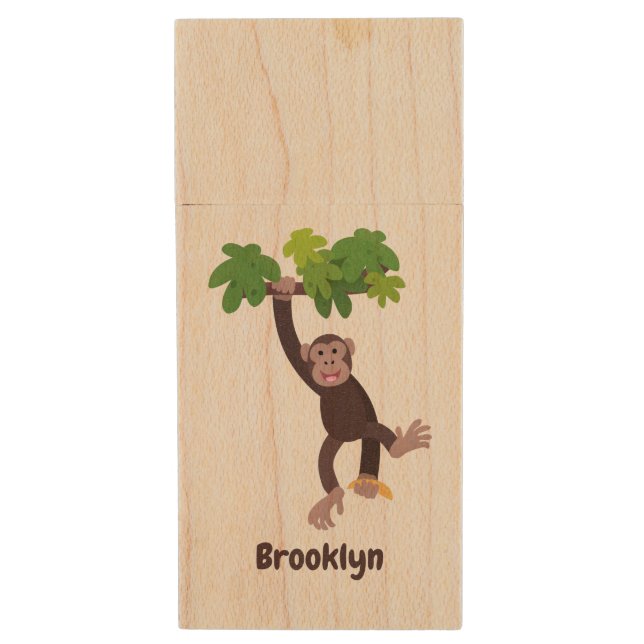 Cute chimpanzee in jungle hanging cartoon wood flash drive (Front Vertical)