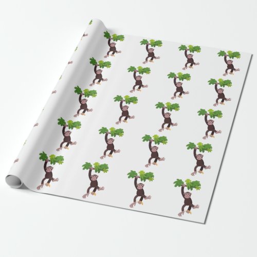 Cute chimpanzee in jungle hanging cartoon wrapping paper