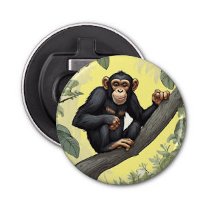 Cute chimpanzee on the branch greets bottle opener