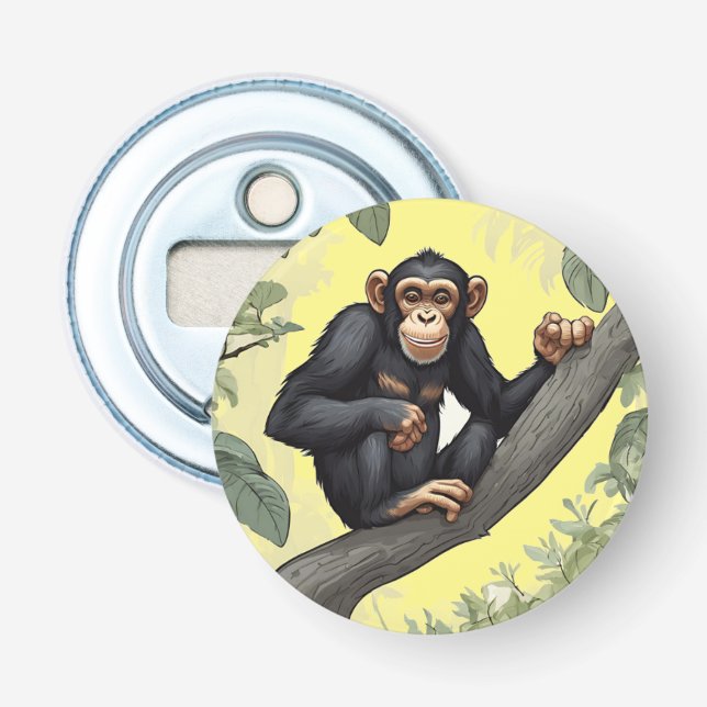 Cute chimpanzee on the branch greets bottle opener (Front)