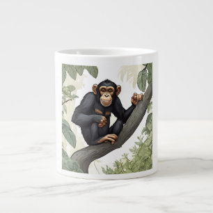 Cute chimpanzee on the branch greets giant coffee mug