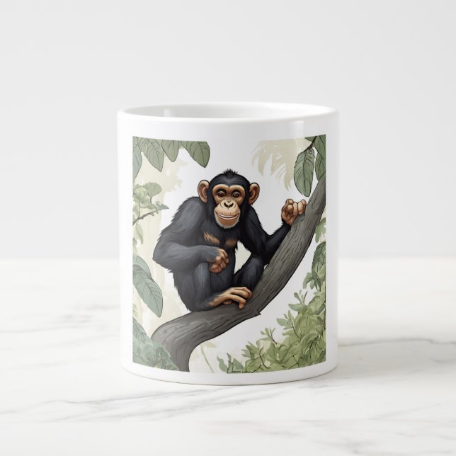 Cute chimpanzee on the branch greets giant coffee mug (Front)