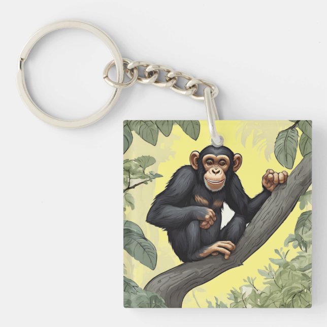 Cute chimpanzee on the branch greets keychain (Front)