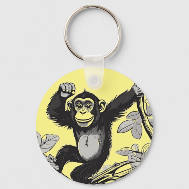 Cute chimpanzee on the branch greets keychain (Front)