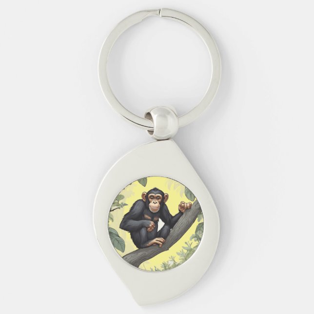 Cute chimpanzee on the branch greets keychain (Front)