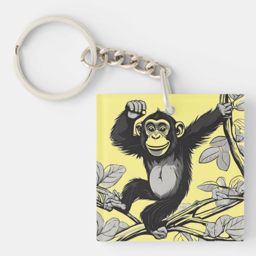 Cute chimpanzee on the branch greets keychain