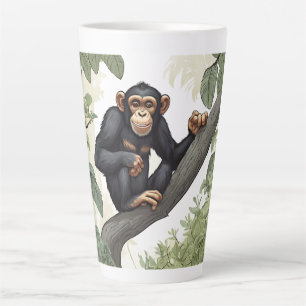 Cute chimpanzee on the branch greets latte mug