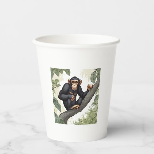 Cute chimpanzee on the branch greets paper cups