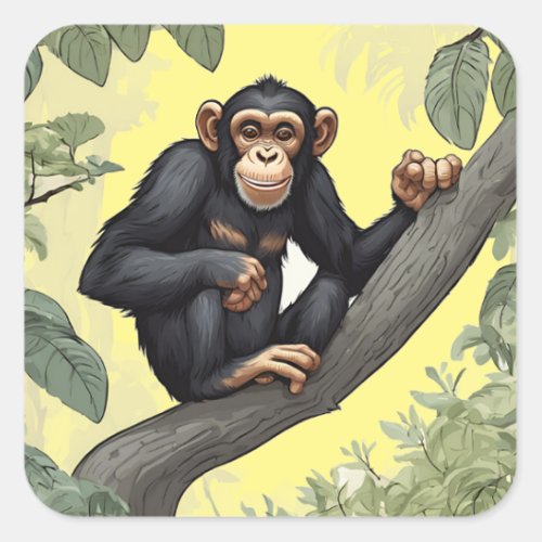 Cute chimpanzee on the branch greets square sticker