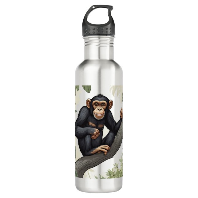 Cute chimpanzee on the branch greets stainless steel water bottle (Front)