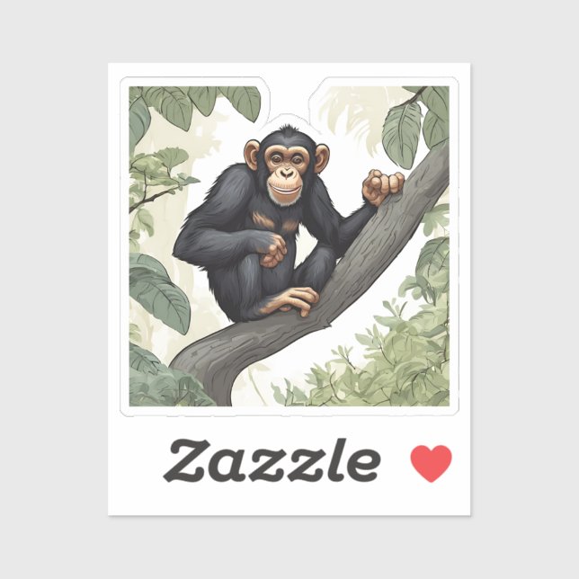 Cute chimpanzee on the branch greets sticker (Sheet)