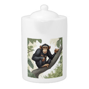 Cute chimpanzee on the branch greets teapot