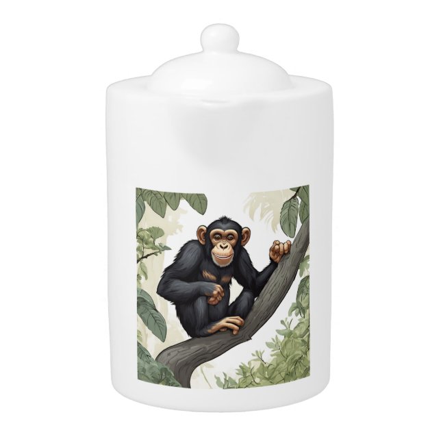 Cute chimpanzee on the branch greets teapot (Front)