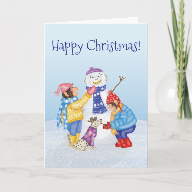 Cute chimps building a snowman Christmas card (Front)