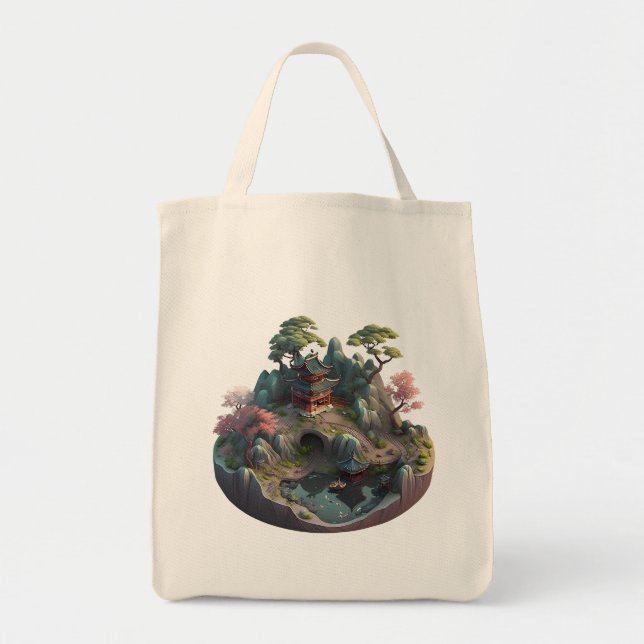 Cute Chinese Fantasy 3D Landscape Grocery Bag (Front)